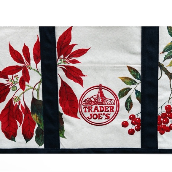 Hand-Painted Trader Joe’s Large Canvas Tote Bag – Christmas Red Leaves & Berries - Picture 4 of 4
